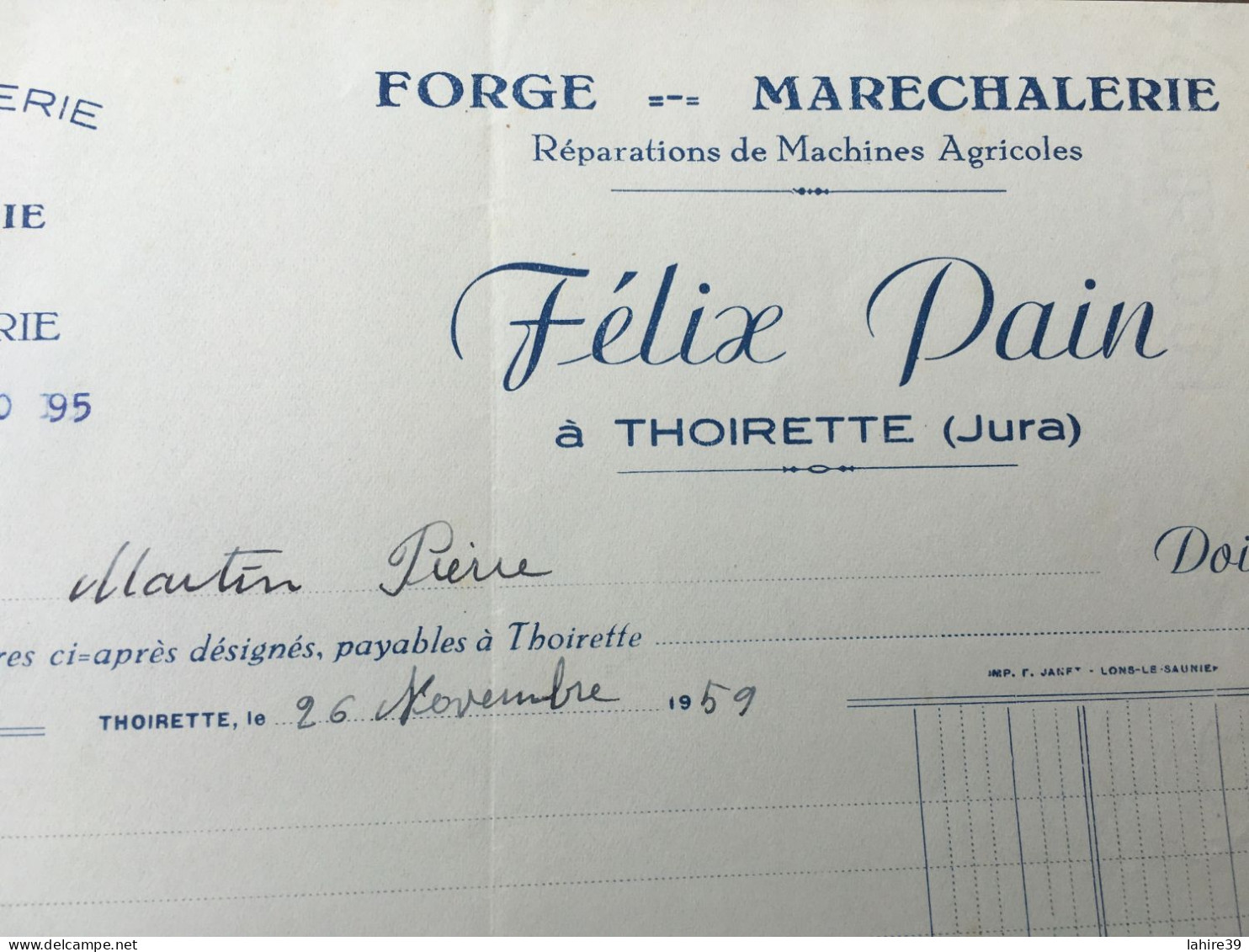 Facture Félix Pain / Forge / Maréchalerie / Thoirette / 1959 / Jura / 39 - 1950 - ...
