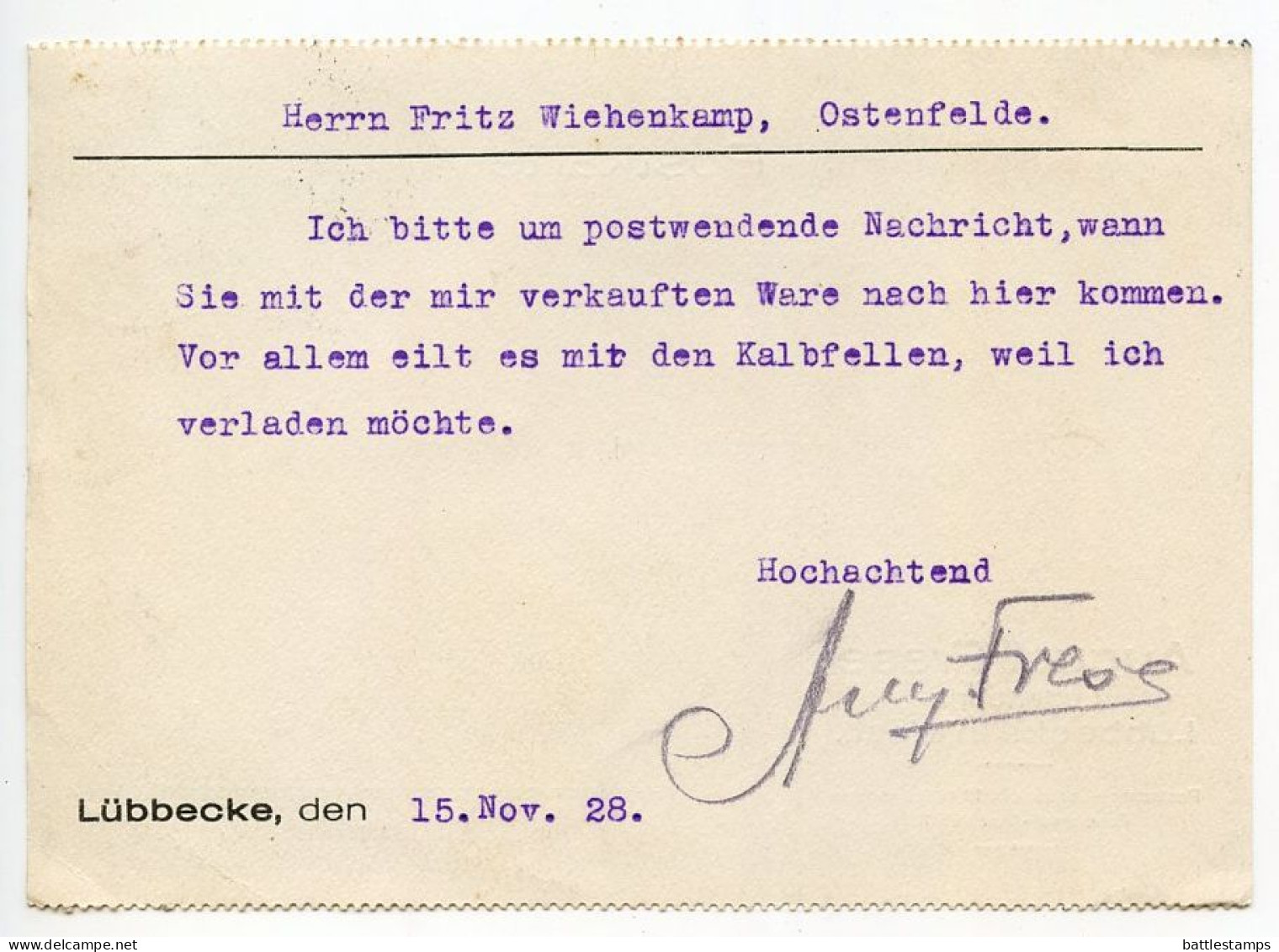 Germany 1928 Postcard; Lübbecke (Westf.) - August Frese, Lederfabrik To Ostenfelde; 8pf. Friedrich Ebert - Cartas & Documentos
