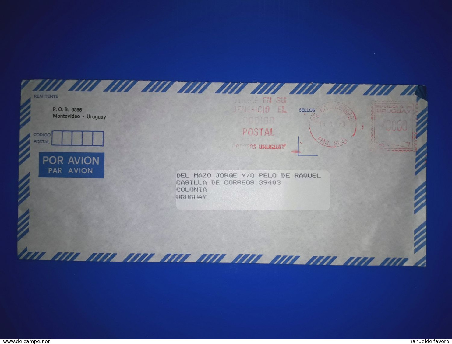 URUGUAY, Enveloppe Aérienne Distribuée Par Affranchissement Mécanique Avec La Phrase « Utilisez Le Code Postal à Votre A - Uruguay