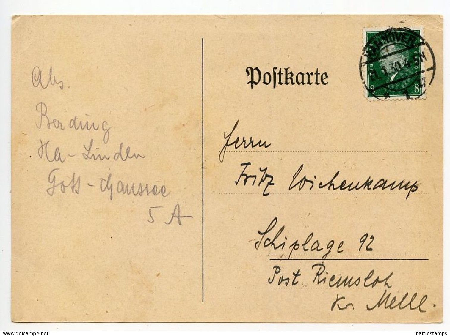 Germany 1930 Postcard; Hannover To Schiplage; 8pf. Friedrich Ebert - Cartas & Documentos