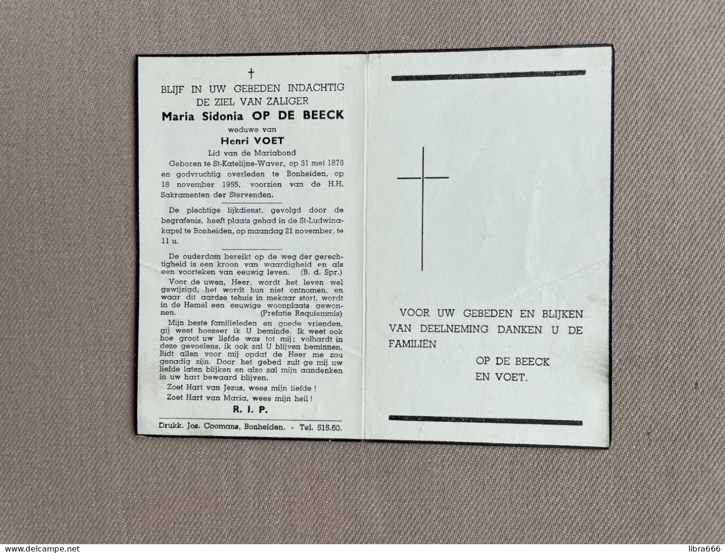 OP DE BEECK Maria Sidonia °SINT-KATELIJNE-WAVER 1876 +BONHEIDEN 1955 - VOET - Obituary Notices