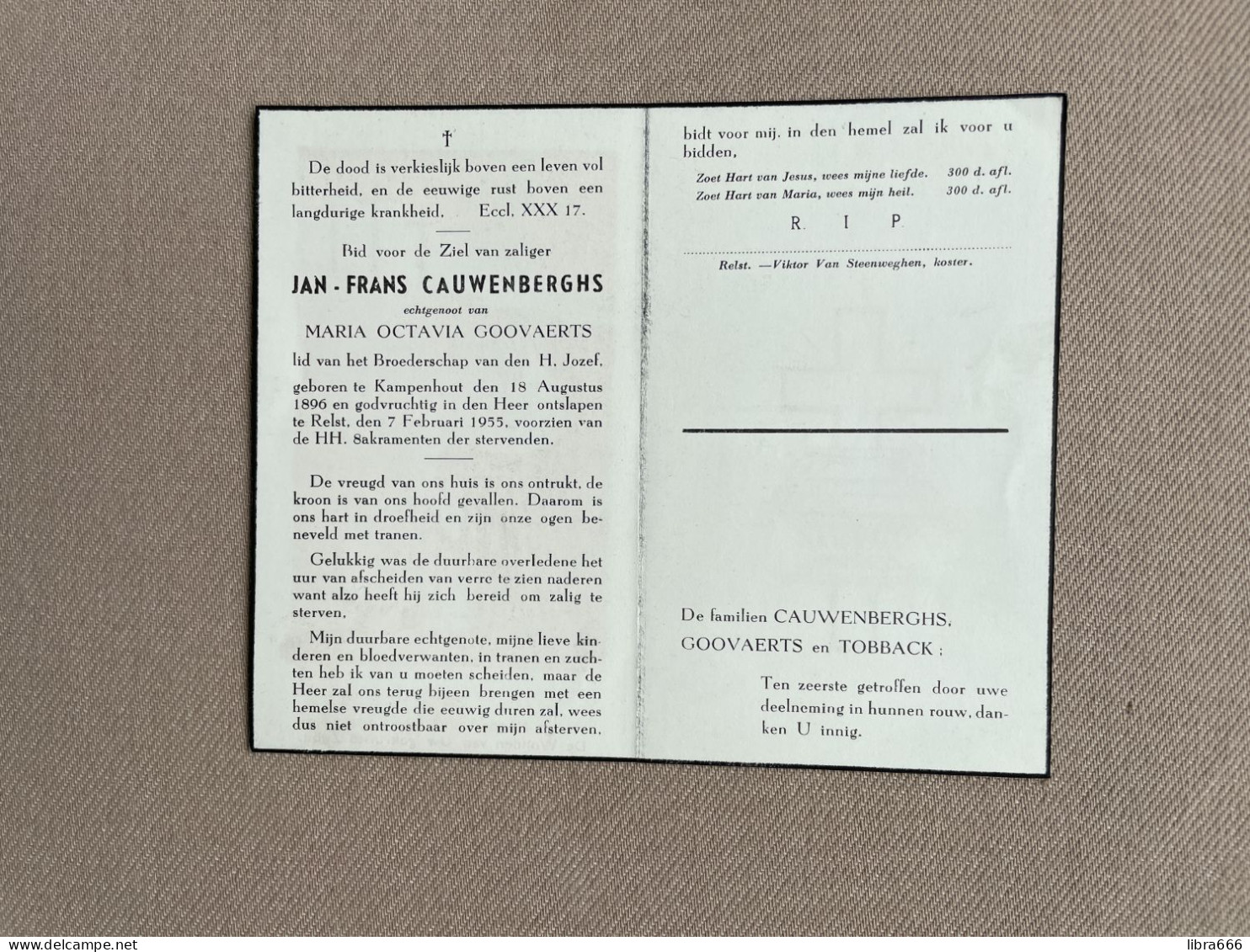 CAUWENBERGHS Jan Frans °KAMPENHOUT 1896 +RELST 1955 - GOOVAERTS - TOBBACK - Overlijden
