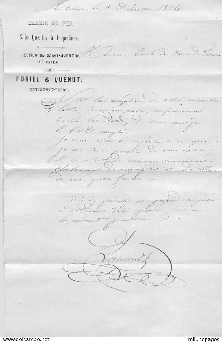 Papier à Lettre En-tête Du Chemin De Fer De Saint-Quentin à Erquelines Section Du Cateau Entrepreneur Foriel Quénot 1854 - Eisenbahnverkehr