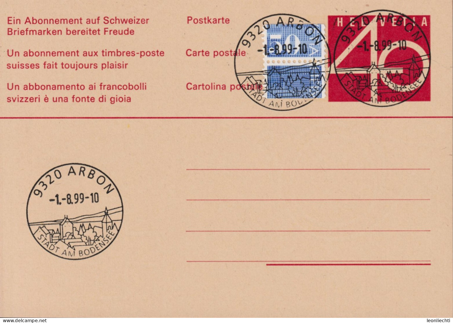 1978/99 Schweiz, Postkarte, Ganzsache, Zum:CH 208 + 485RM Zerschnitten, Stempel 9320 ARBON - Ganzsachen