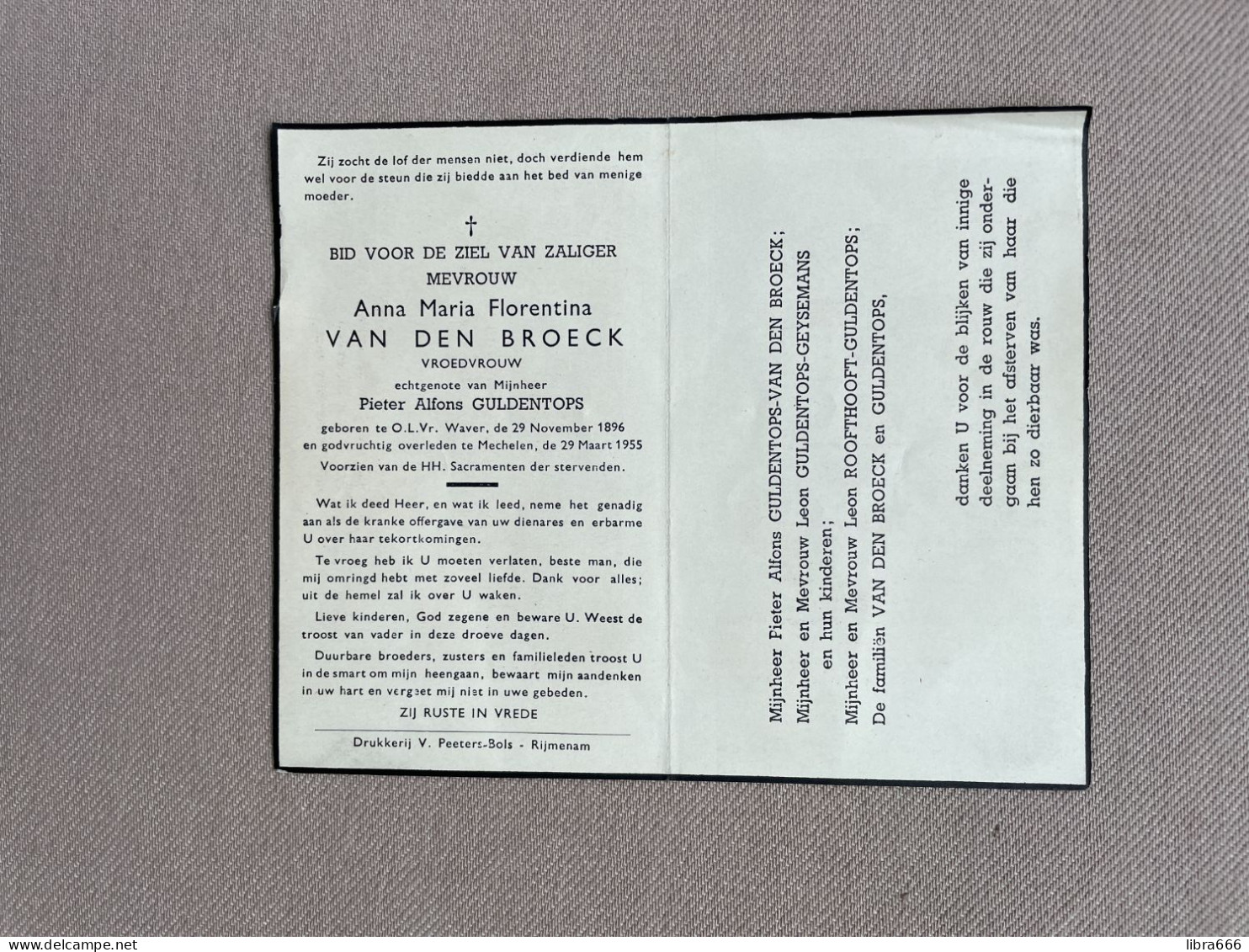 VAN DEN BROECK Anna Maria Florentina °ONZE-LIEVE-VROUW-WAVER 1896 +MECHELEN 1955 - GULDENTOPS - GEYSEMANS - ROOFTHOOFT - Obituary Notices