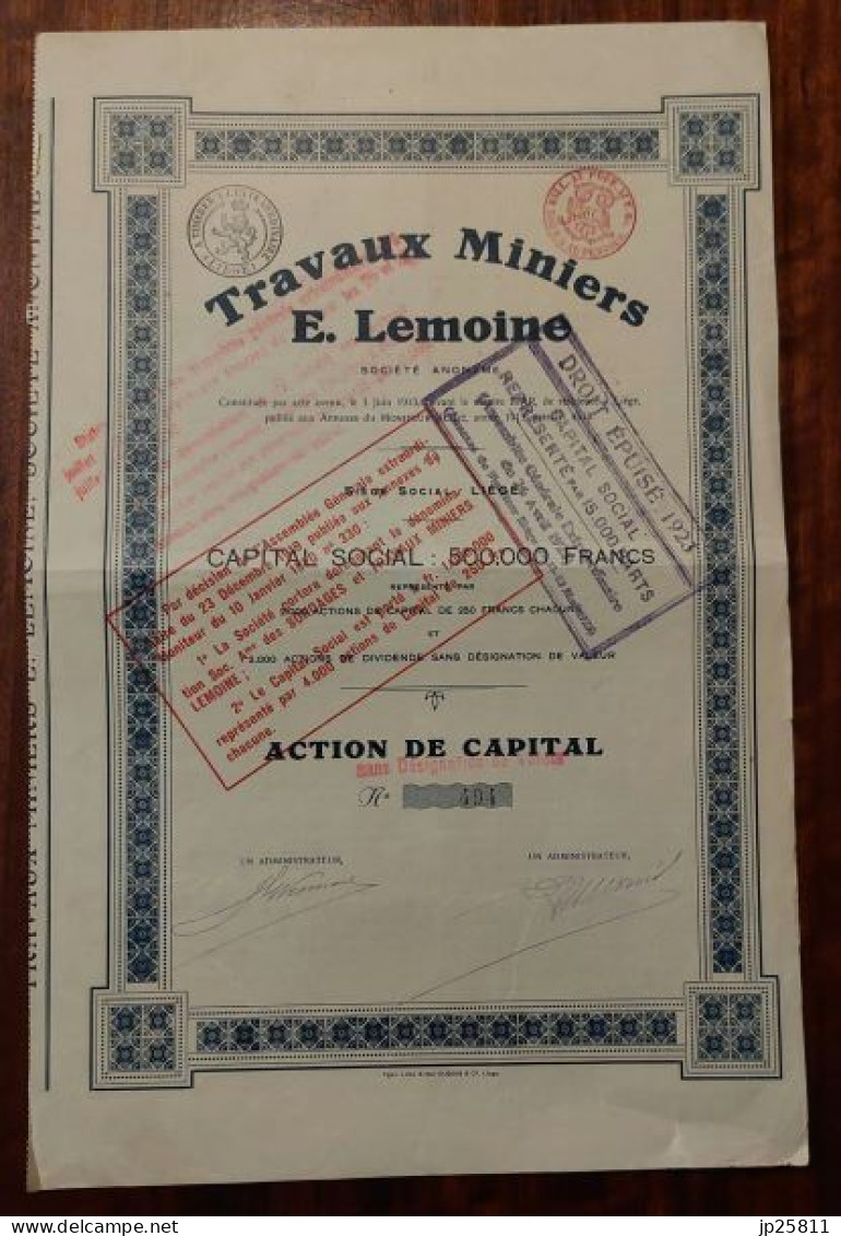 Belgium - Travaux Miniers E. Lemoine  Action 1913 Liege - Altri & Non Classificati