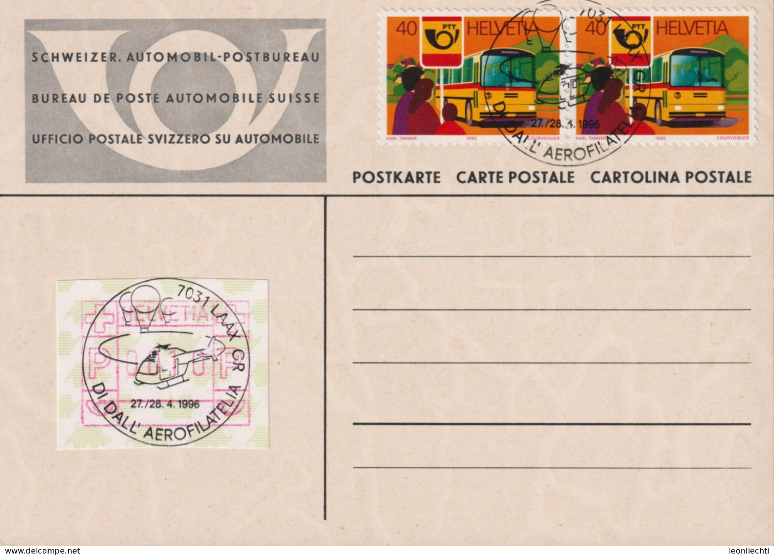 1999 Schweiz, Automobil-Postkarte, Zum:CH 646+ ATM, Mi:CH 1181+ATM Stempel: 7031LAAX, DI DALL`AEROFILATELIA - Briefe U. Dokumente