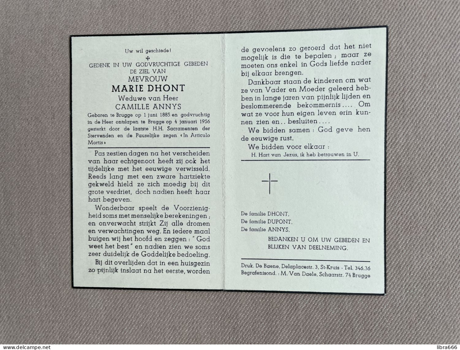 DHONT Marie °BRUGGE 1885 +BRUGGE 1956 - ANNYS - DUPONT - Esquela