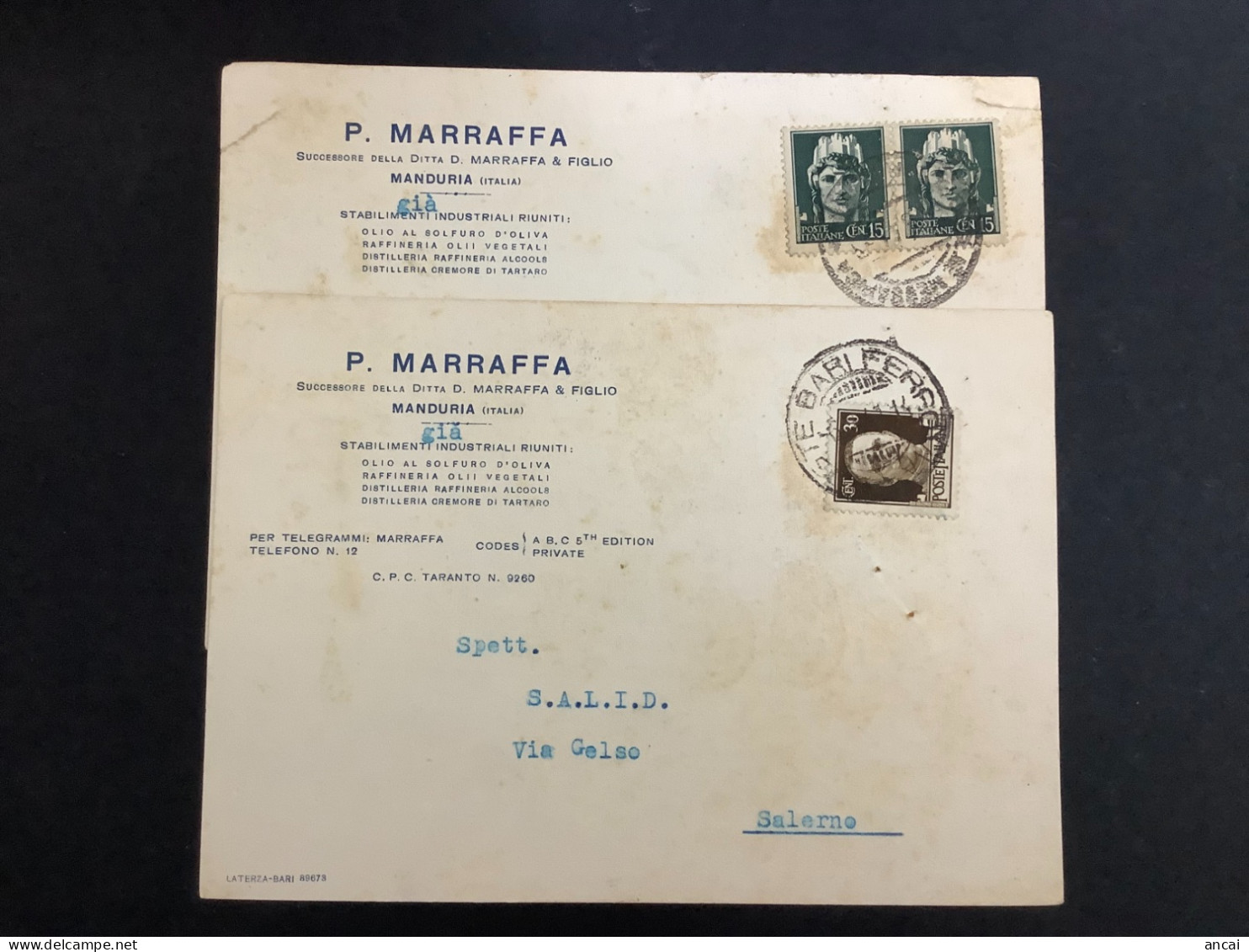 Italy. A206. Bari. 1941. Cartoline Postali PUBBLICITARIE ... MARRAFFA MANDURIA.... - Marcophilie