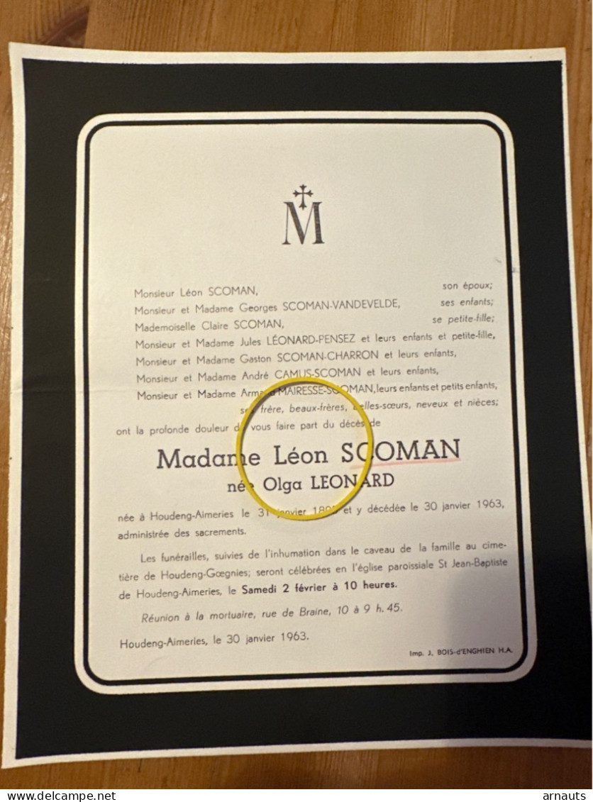 Madame Leon Scoman Nee Olga Leonard *1895 Houdeng-Aimeries +1963 Houdeng-Aimeries Bois D’Enghien Camus Mairesse Charron - Overlijden