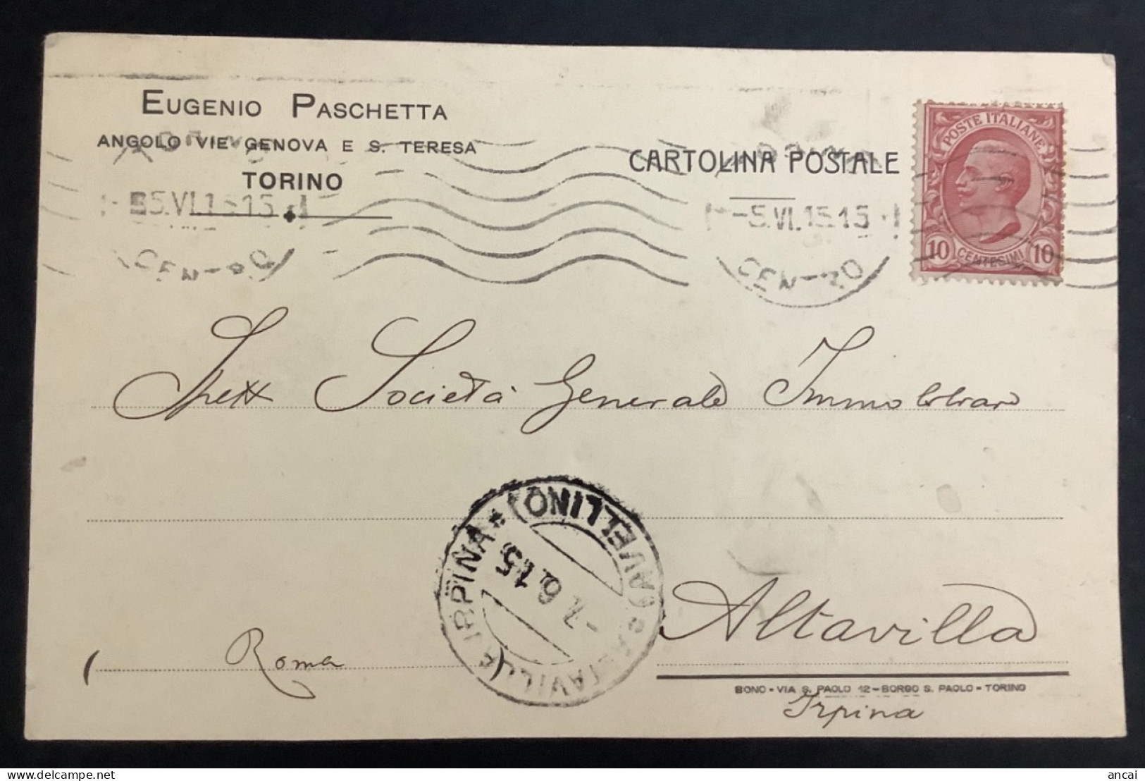 Italy. A206. Torino. 1915. Cartolina Postale PUBBLICITARIA ... EUGENIO PASCHETTA .... - Marcophilia