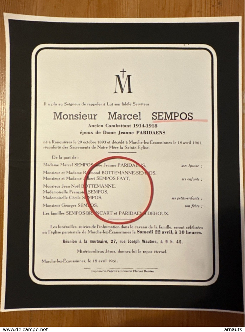 Marcel Sempos 14-18 Combattant Ep. Paridaens *1893 Ronquieres +1961 Marche Lez Ecaussinnes Bottemanne Fayt Brancart Deho - Esquela
