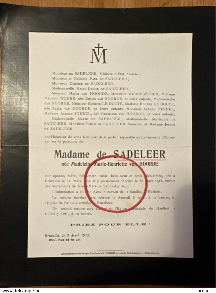 Maar De Sadeleer Nee Madeleine Van Hoorde *1861 Bruxelles +1913 Brussel Haaltert Etterbeek Weber Le Docte Streel - Décès