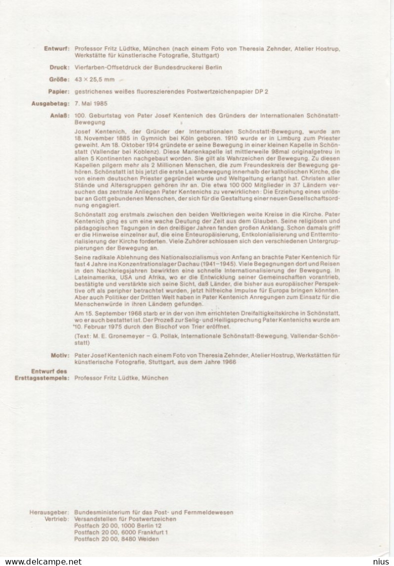 Germany Deutschland 1985-14 Josef Kentenich-Internationale Schonstatt-Bewegung, Pallottine Priest, Canceled In Bonn - 1981-1990