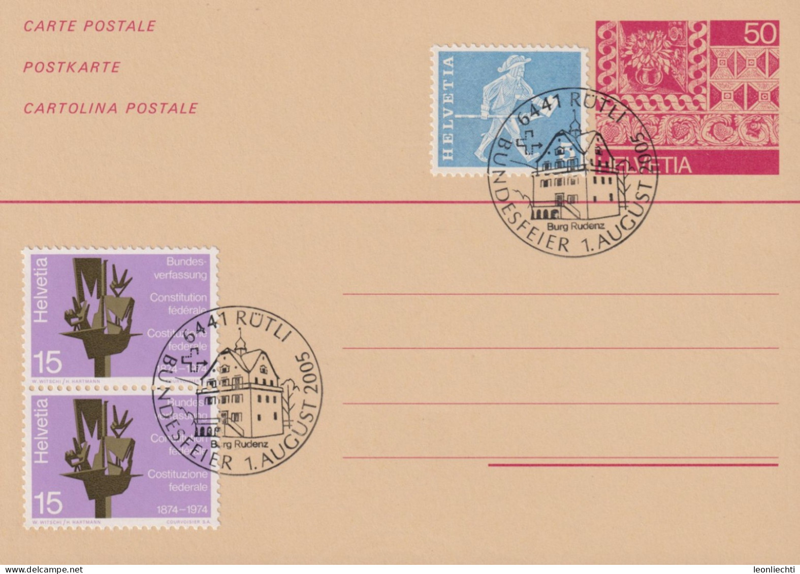2005 Schweiz, Postkarte 212a, Zum:CH 355+558, Mi:CH 696+1039 ⵙ 6441 RÜTTLI BUNDESFEIER, 1. AUGUST 2005 - Postwaardestukken