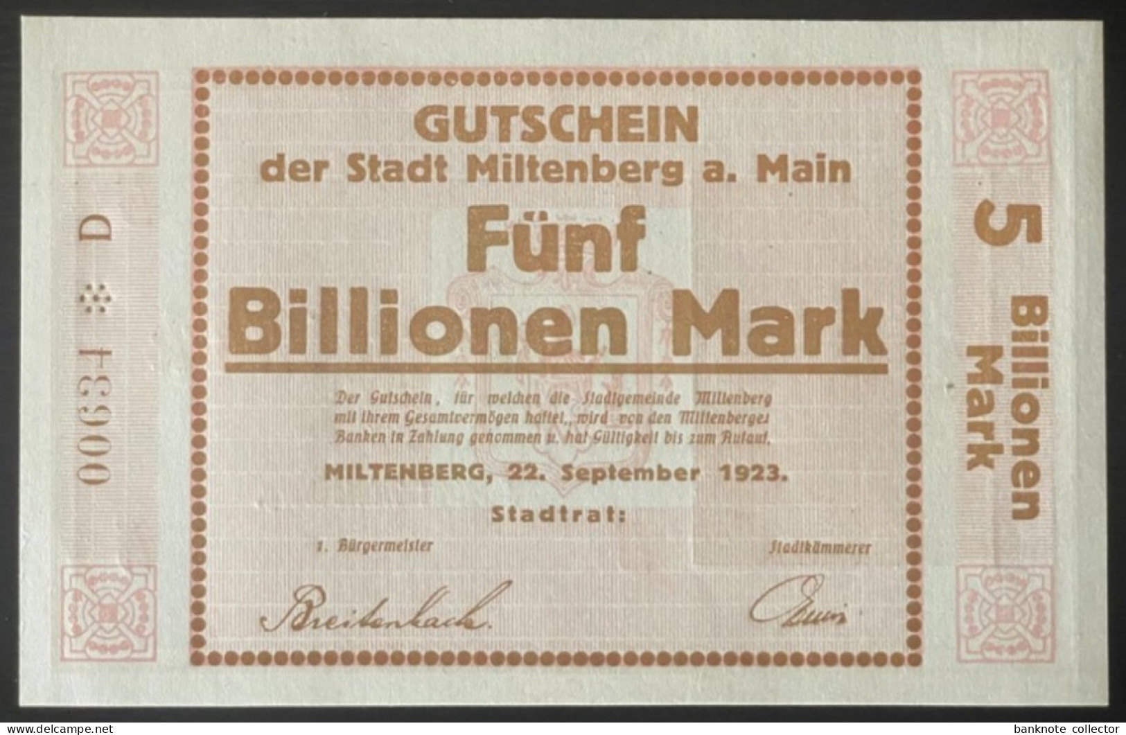 Deutschland, Germany, Gutschein Der Stadt Miltenberg A. Main - 5 Billion Mark, 1923 ! - 5 Billionen Mark