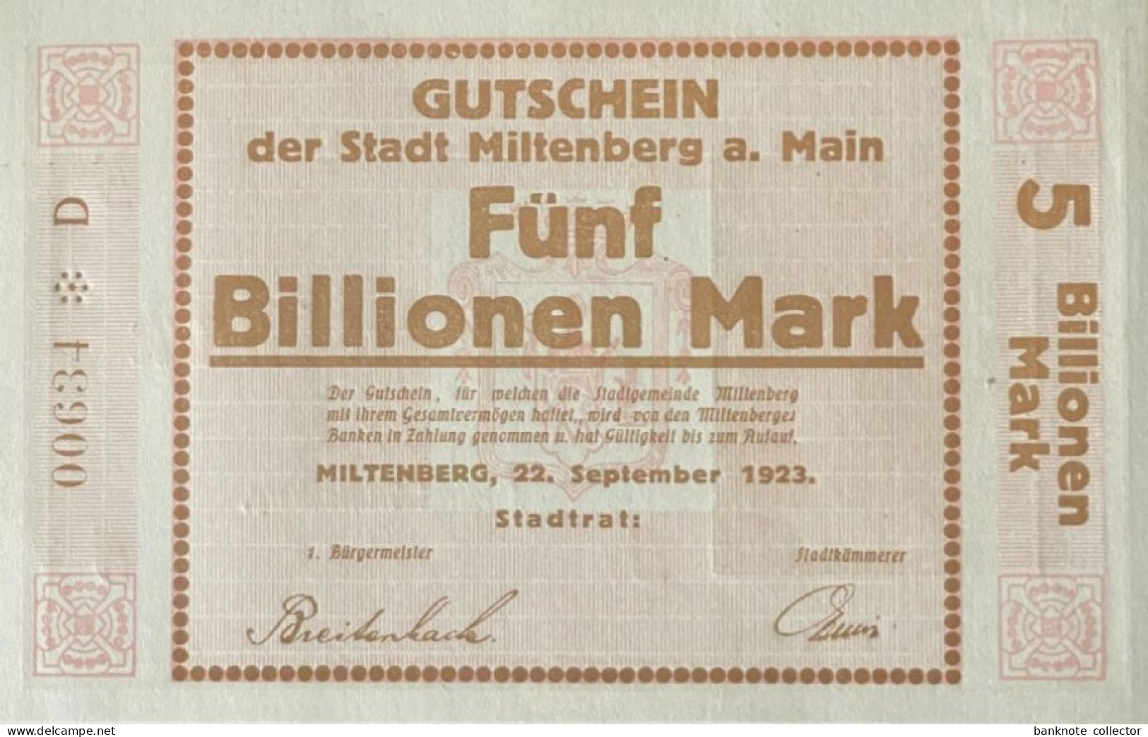 Deutschland, Germany, Gutschein Der Stadt Miltenberg A. Main - 5 Billion Mark, 1923 ! - 5 Billionen Mark