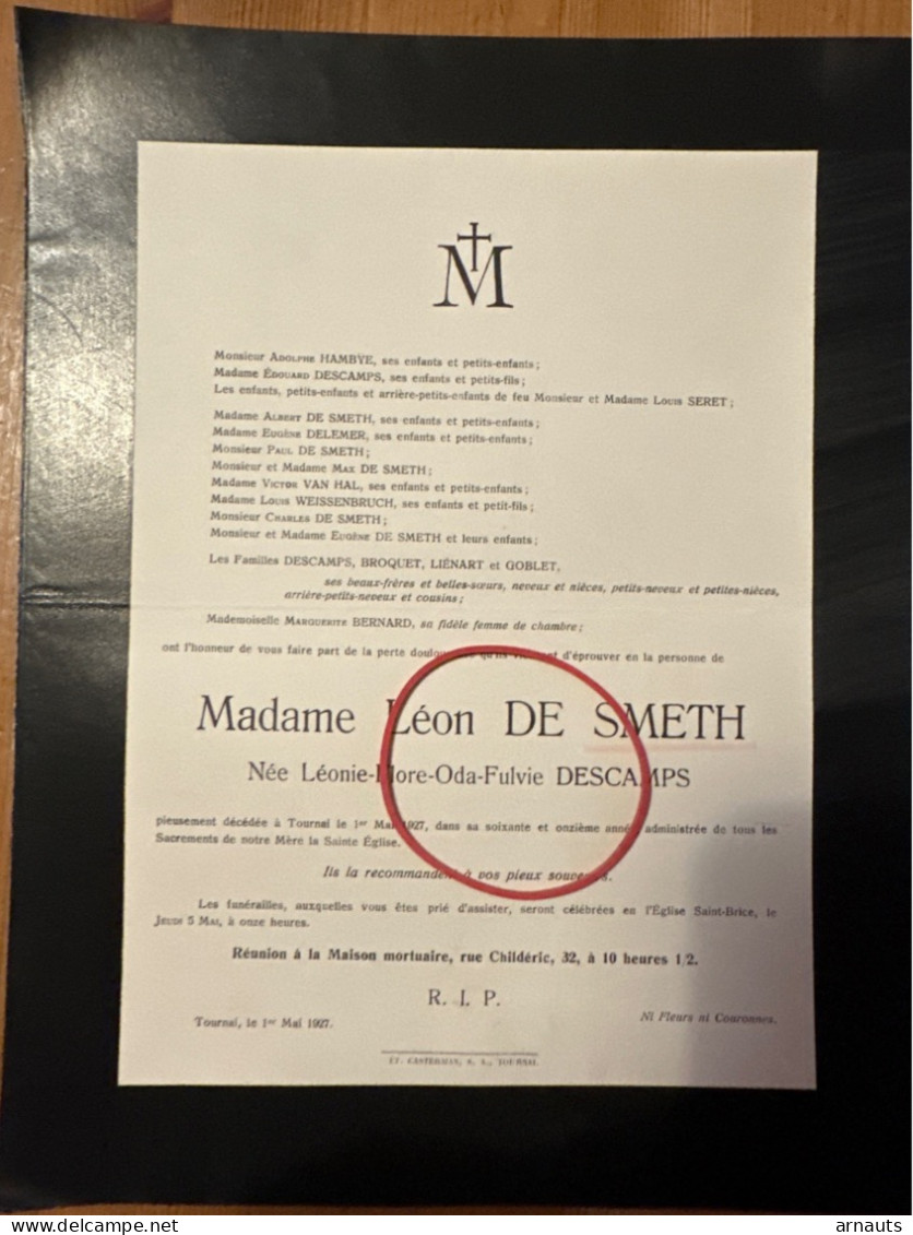 Madame Leon De Smeth Nee Leonie Descamps *1856+1927 Tournai Hambye Seret Delemer Van Hal Weissenbruch Lienart Goblet - Todesanzeige