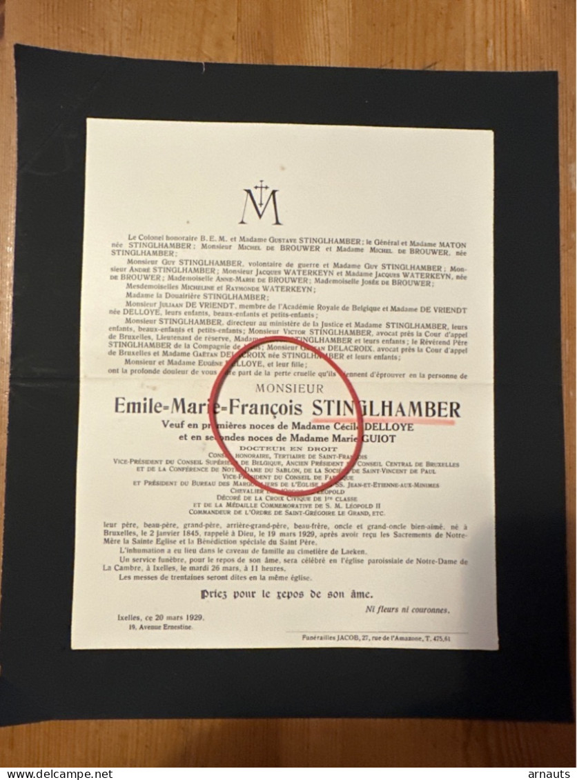 Mr Emile Stinglhamber Veuf Delloye (2) Guiot Docteur *1845 Bruxelles +1929 Ixelles Laeken Maton De Brouwer De Vriendt - Obituary Notices