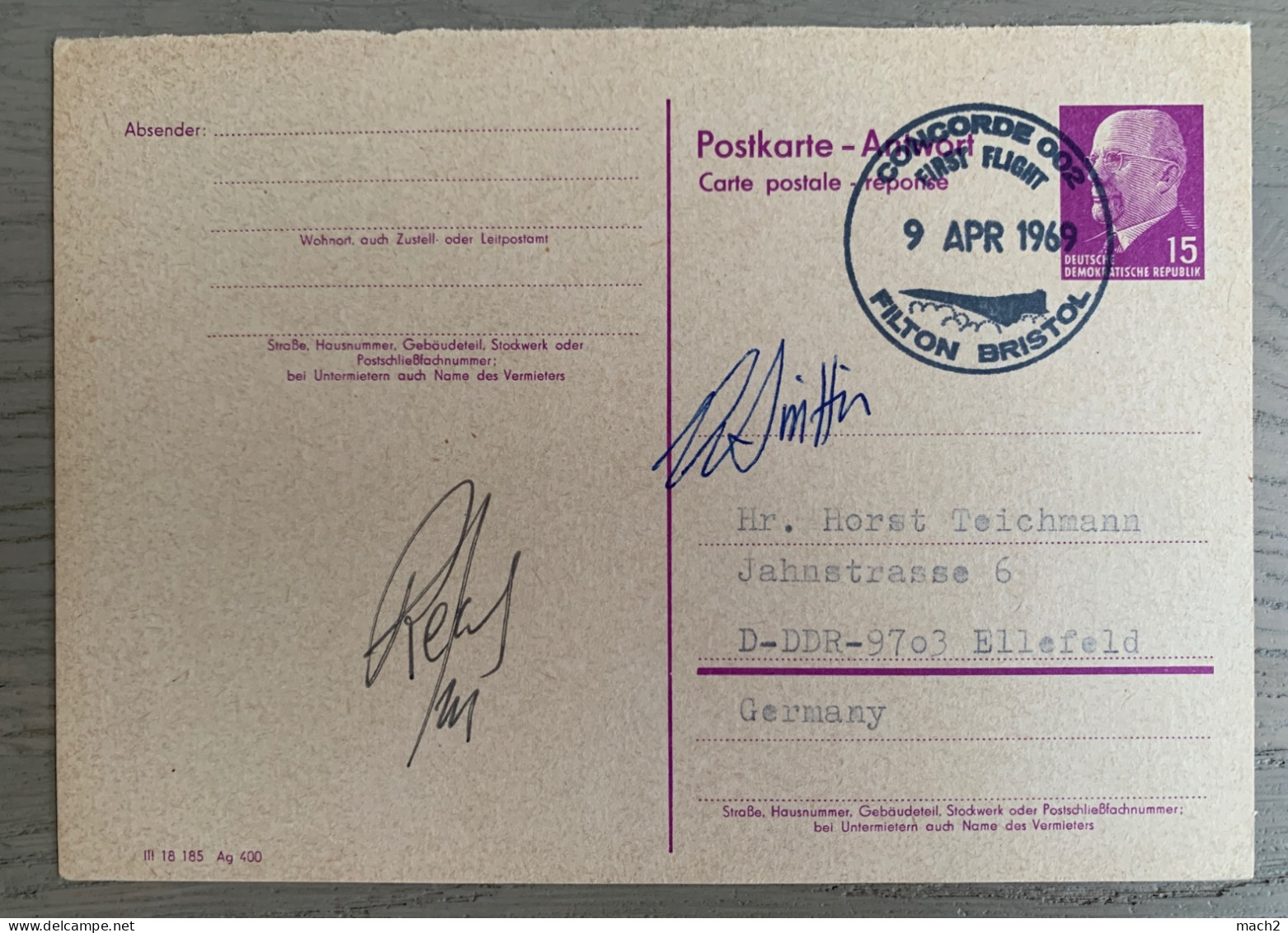 DDR 9/04/1969 1er Vol Concorde 002 Signé Michel RETIF & Griffin Sur Carte Réponse! Hyper Rare - Concorde