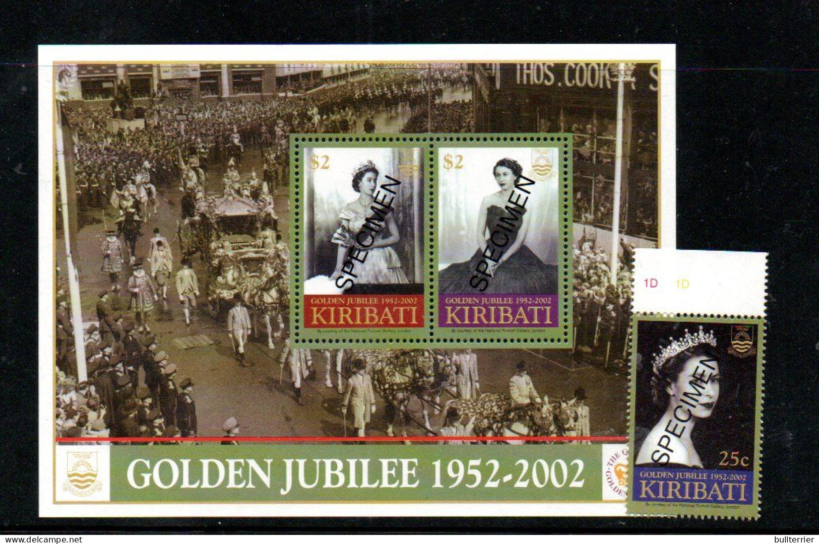 KIRIBATI - 2002- QUEEN ELIZABETH GOLDEN JUBILEE STAMP + S/SHEET " SPECIMEN O/RINTS" MINT NEVER HINGED , - Kiribati (1979-...)