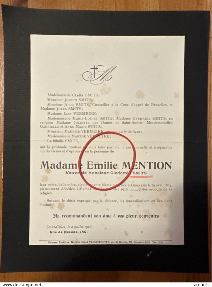 Madame Emile Mention Veuve Smits Clodomir *1834 Quiévrain +1916 Saint-Gilles Vermeire - Todesanzeige