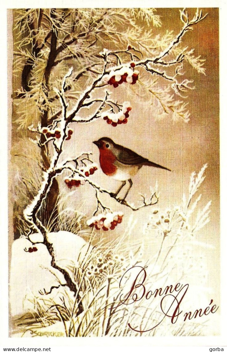 *CPM - Carte De Vœux Double - "Invité D'honneur Des Frimas" - Oiseau Dans Arbre Enneigé -  Peinture De Irène SCHRICKER - Año Nuevo