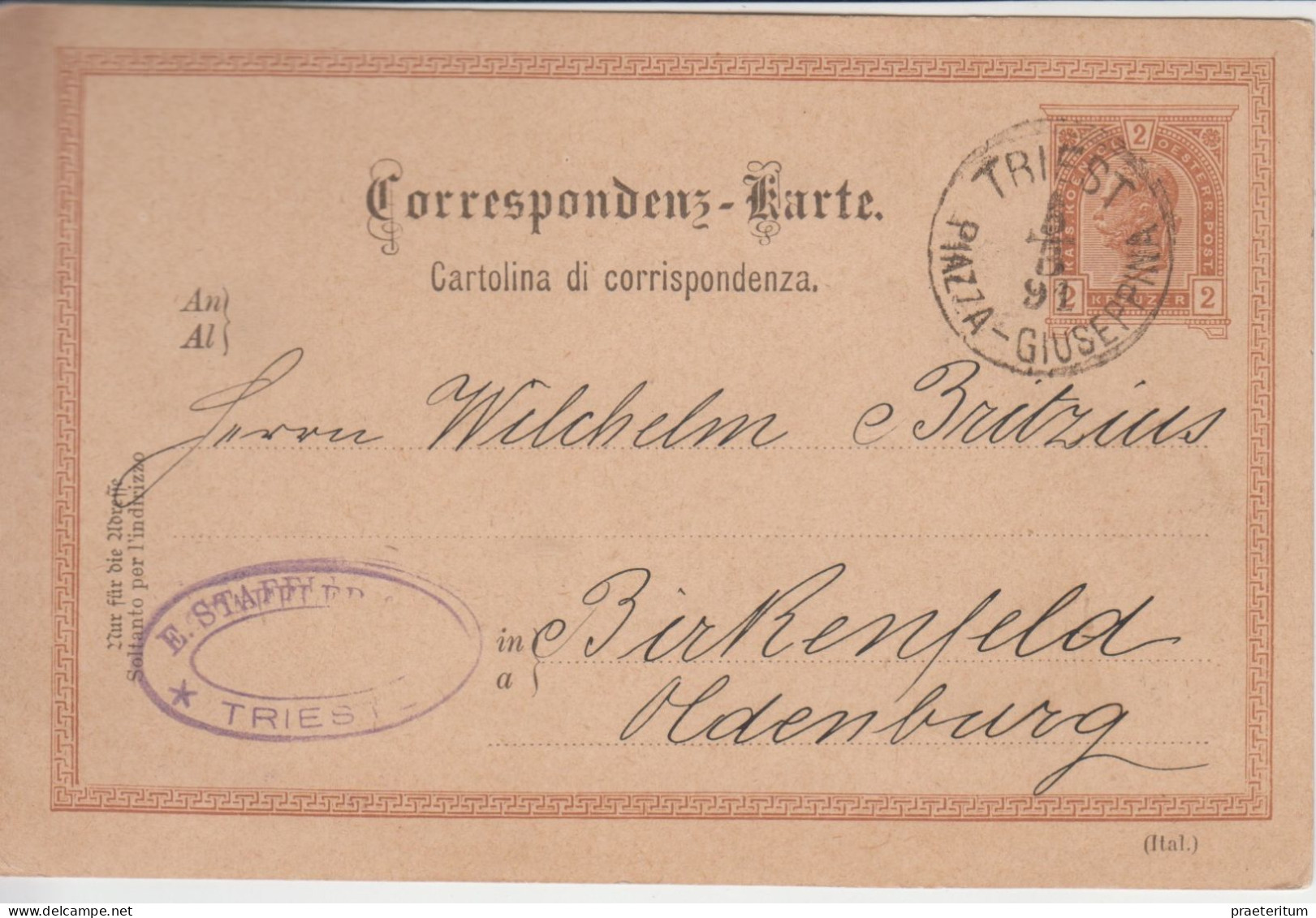 ITALIA Lettera Trieste  Piazza-Guiseppina, 5 Mar. 1891 A Oldenberg, Germania - Marcofilía