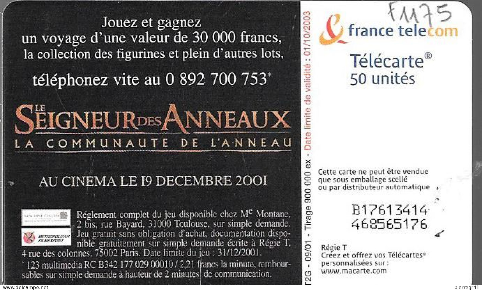 TC-PUBLIC-50U-F1175-GEM2-09/01-Le SEIGNEUR Des ANNEAUX 1 YEUX FERMES-UTILISE-TBE - 2001