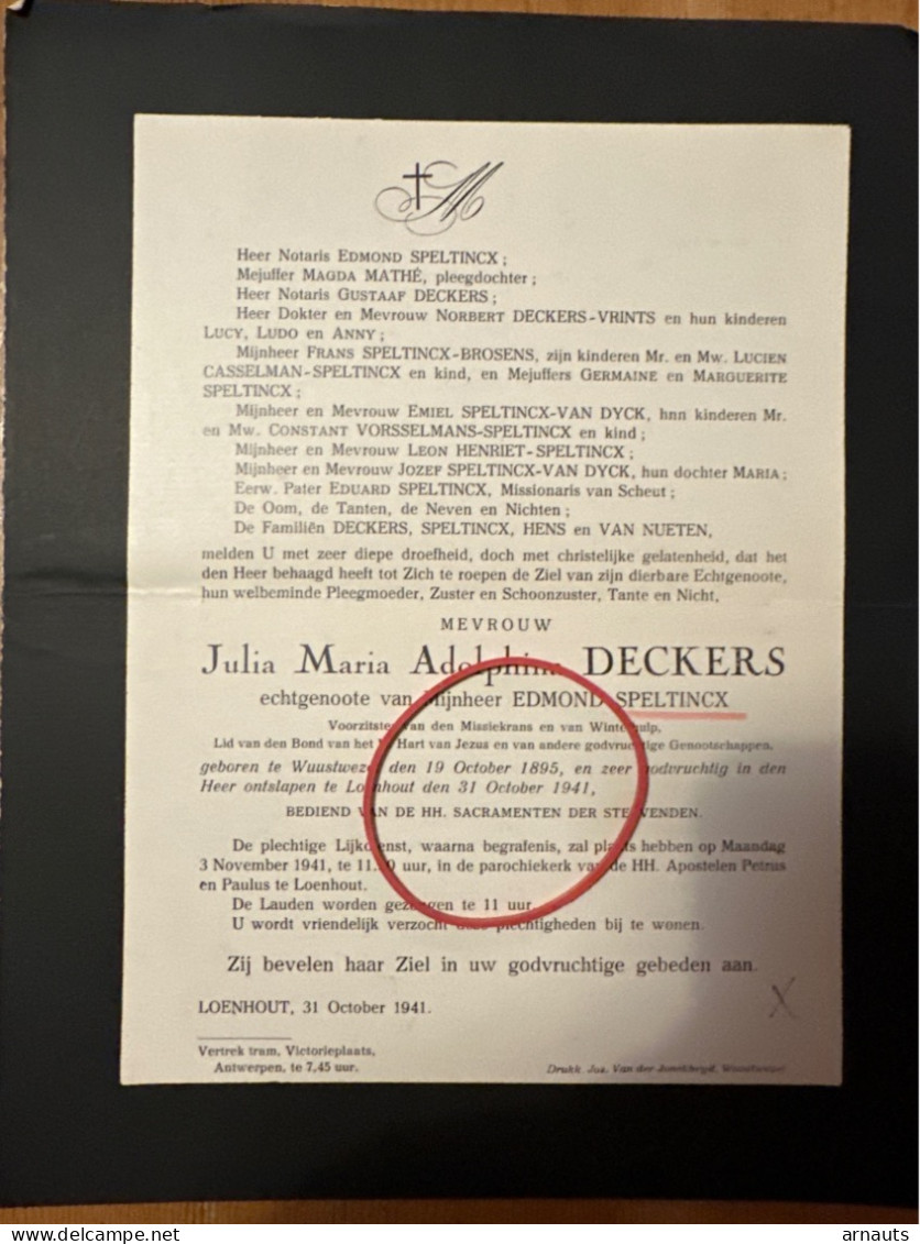Julia Deckers Echtg Speltincx Edmond *1895 Wuustwezel +1941 Loenhout Casselman Vrints Henriet Vorsselmans Brosens Mathe - Obituary Notices