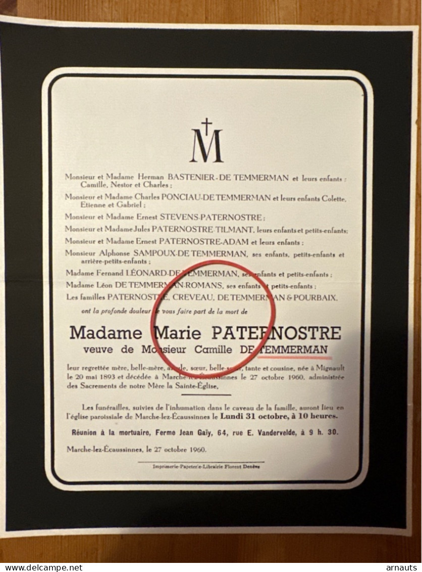 Marie Paternostre Veuve De Temmerman *1893 Mignault +1960 Marche Lez Ecaussinnes Bastenier Ponciau Sampoux Crevau Pourba - Todesanzeige