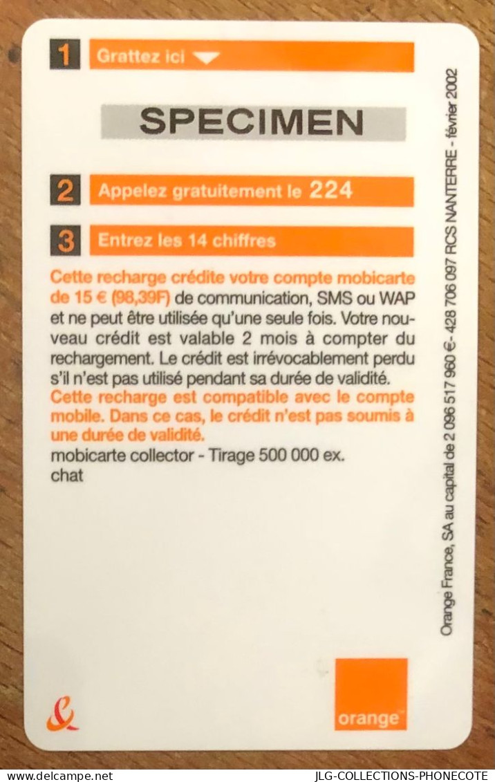 CHAT ORANGE MOBICARTE SPÉCIMEN MBC MOBI GSM SCHEDA TARJETA PHONE CARD PREPAID PREPAYÉE CALLING CARTE TELECARTE - Mobicartes (recharges)