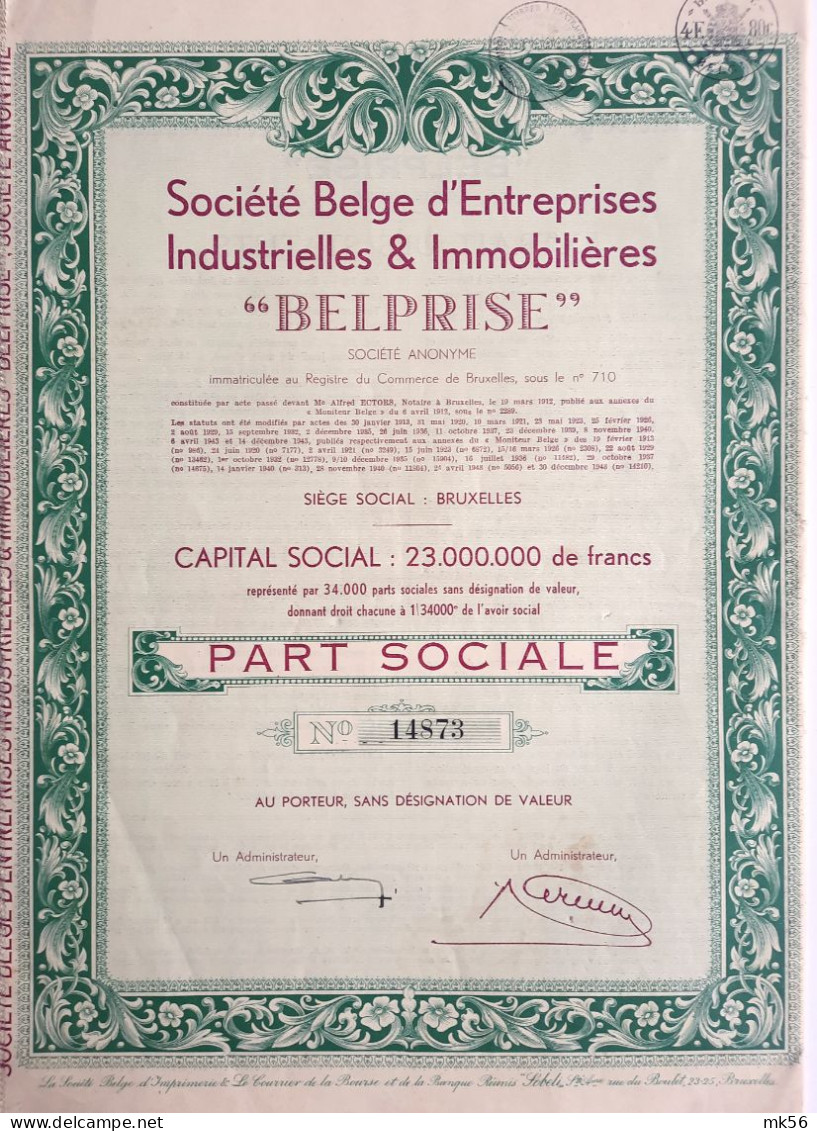 Société Belge D'entreprises Industrielles Et Immobilières - BELPRISE - 1936 - Bruxelles - Other & Unclassified