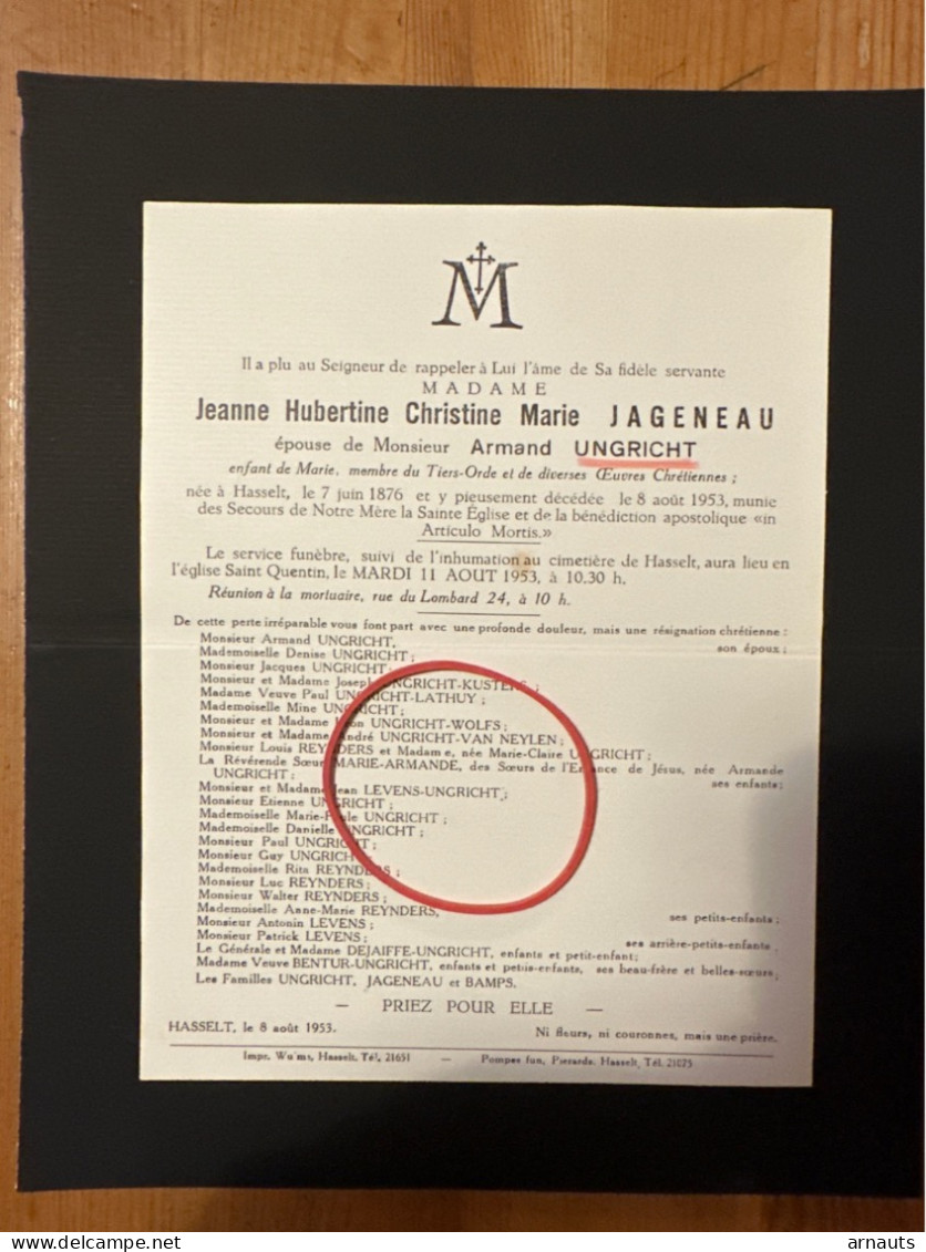 Madame Jageneau Ep. Ungrichg Armand *1876 Hasselt +1953 Hasselt Bamps Reynders Levens Bentur Dejaiffe Kusters Wolfs - Todesanzeige