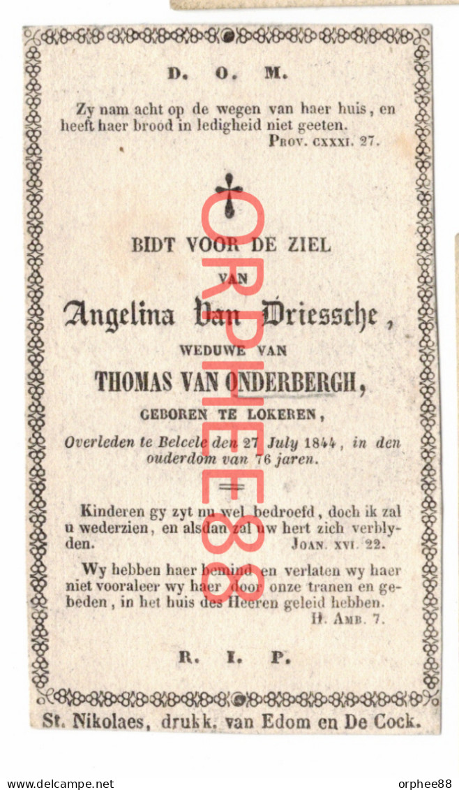 Van Driessche Angelina Wed Van Onderbergh, Lokeren 1768- Belsele 1844 - Obituary Notices