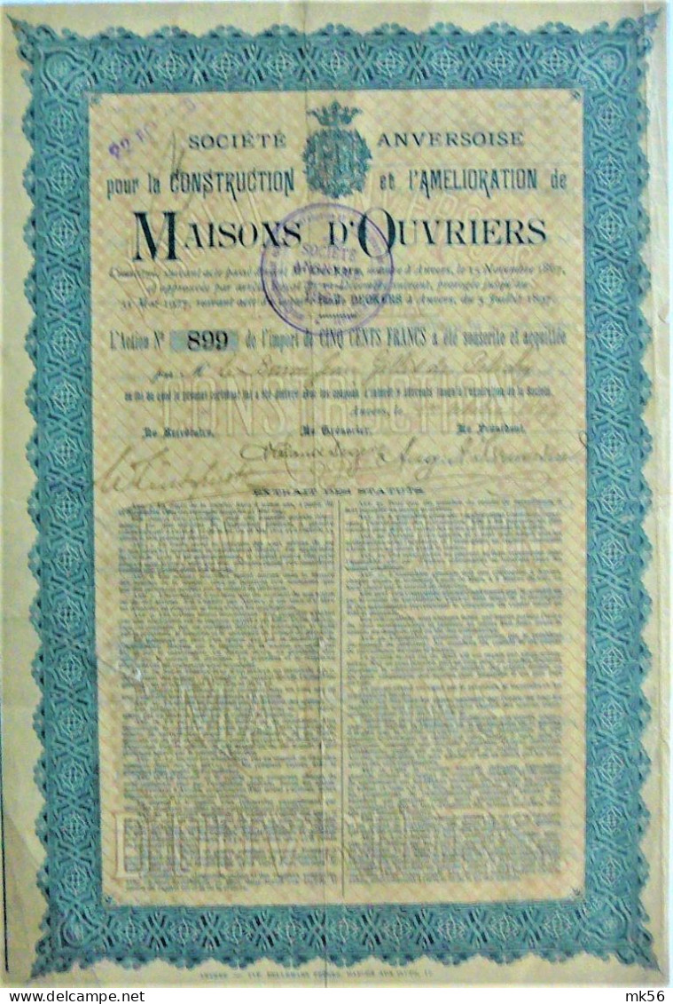 Soc.Anversoise Pour La Construction Et L'Amélioration De Maisons D'Ouvriers  - 1897  ! - Other & Unclassified