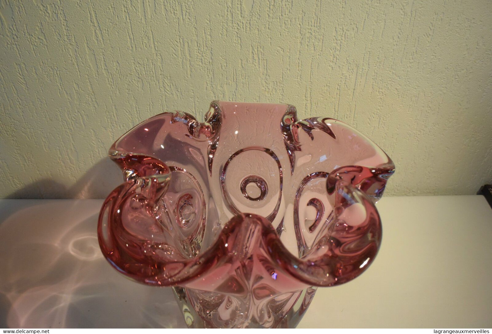 E1 Magnifique Vase Plat En Verre étiré Rose Violet Travail Exceptionnel !!! - Vasen