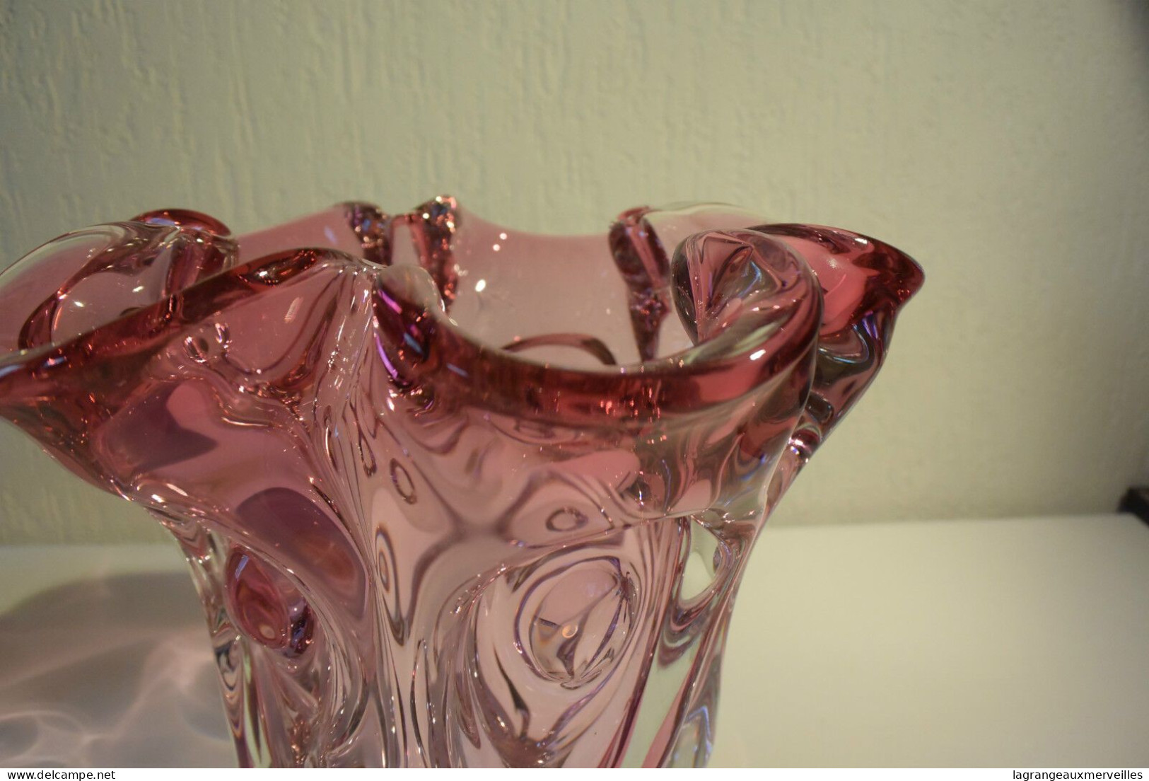 E1 Magnifique vase plat en verre étiré rose violet travail exceptionnel !!!