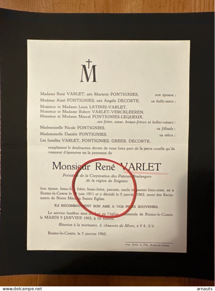 Mr René Varlet Patrons Boulangers Région Soignies *1911 Braine Le Comte +1962 Braine Le Comte Fontignies Decorte Latinis - Todesanzeige