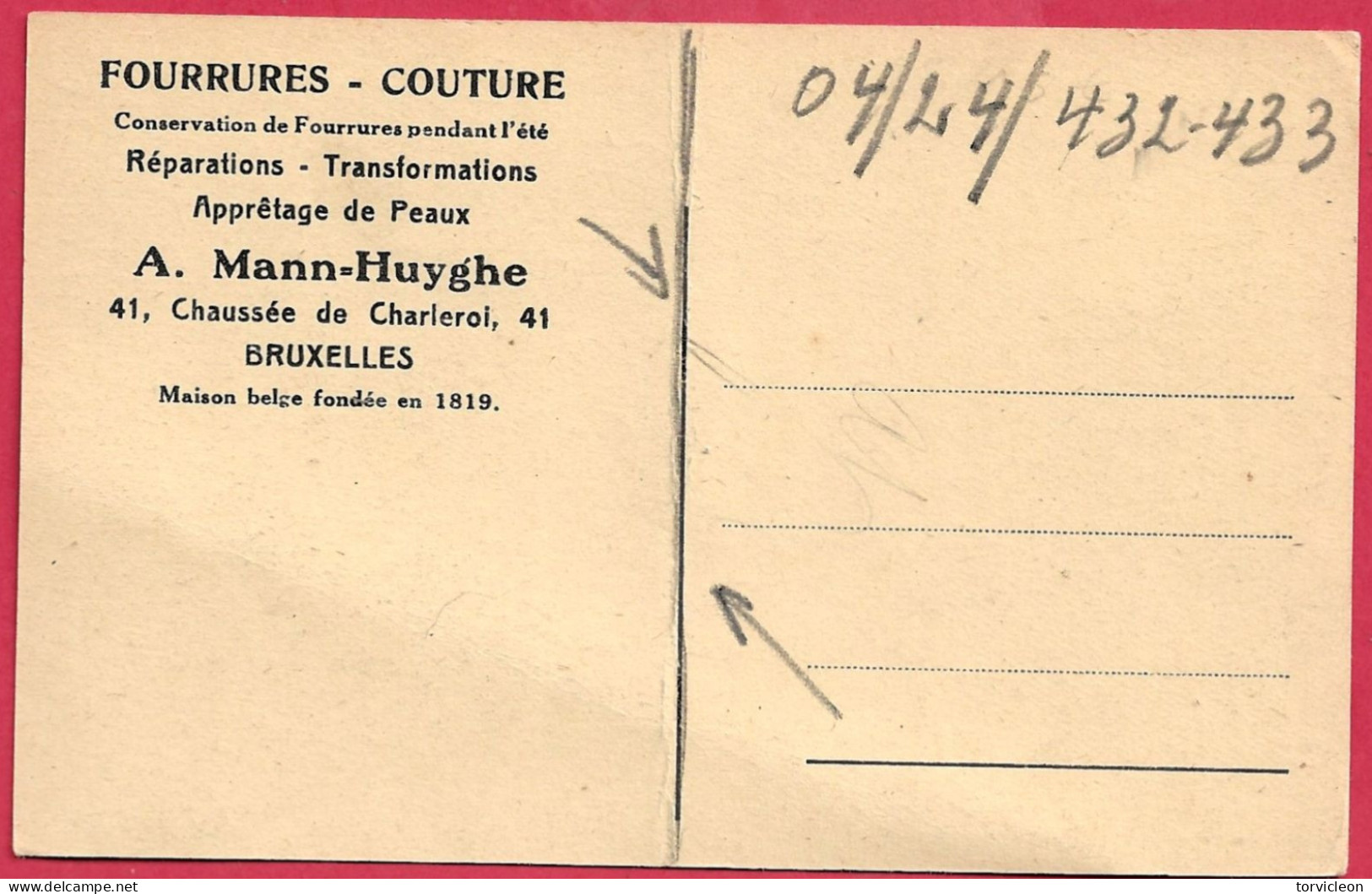 C.P. Bruxelles = Chaussée De Charleroi  :  Fourrures - Couture  A.  MANN-HUYGHE - Brüssel (Stadt)