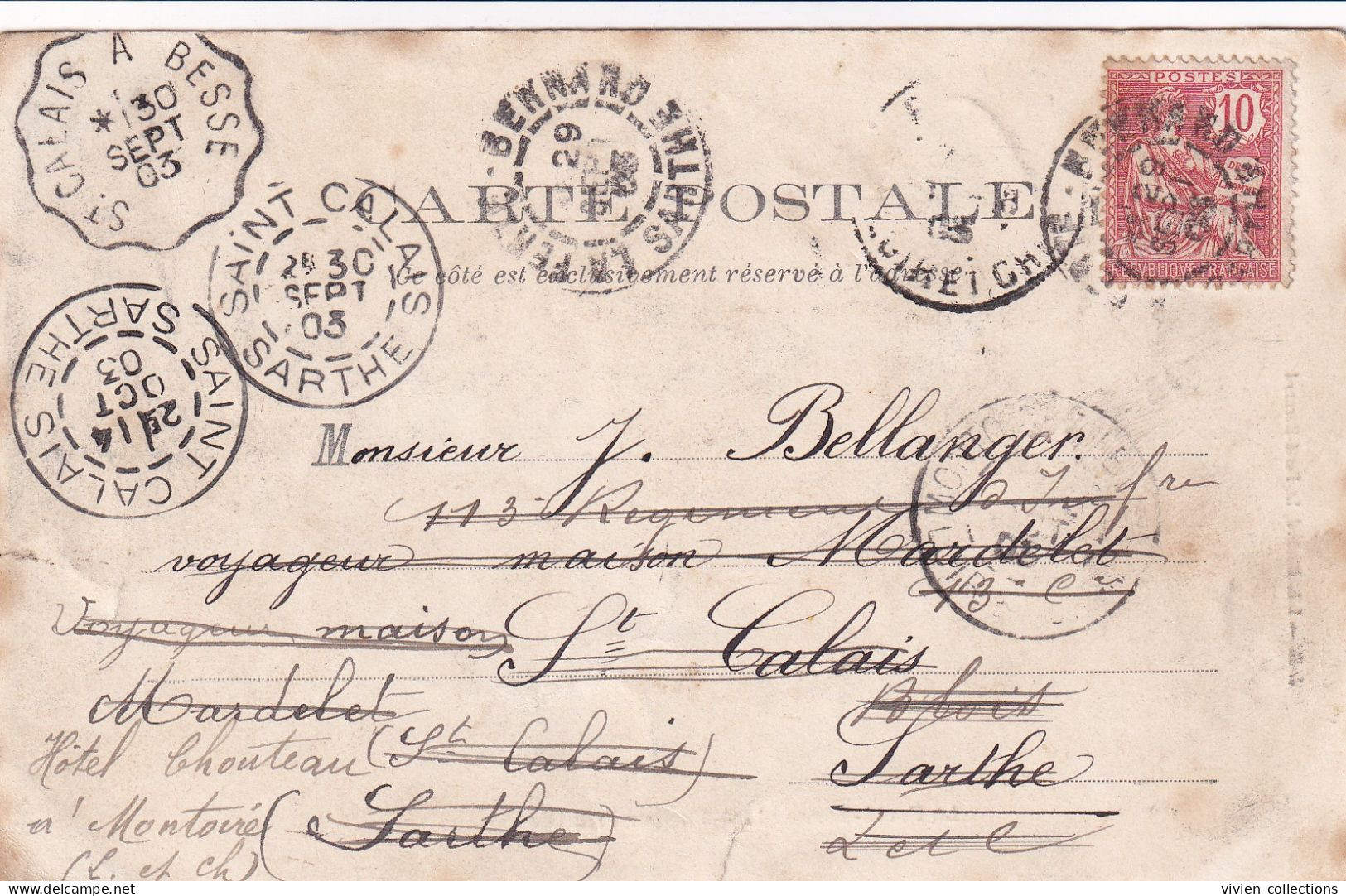 Saint Calais (72) Carte Expédiée A Un Voyageur De Commerce Avec Réexpéditions En 1903 Et Convoyeur St Calais à Besse - Correo Ferroviario