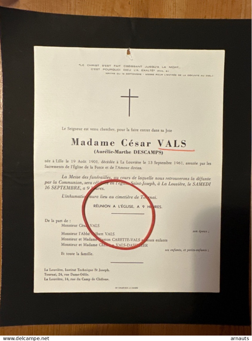 Madame Cesar Vals Nee Descamps Aurelie *1901 Lille +1961 La Louvriere Tournai Carette Dasseleer - Todesanzeige