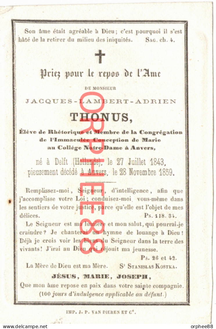 Thonus Jacques Delft 1843 + Antwerpen 1859 Gravure Anversoise - Décès