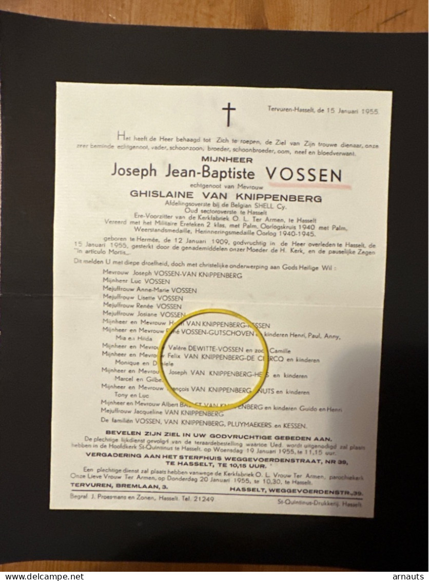 Joseph Vossen Echtg Van Knippenberg Belgian Shell *1909 Hermee +1955 Hasselt Gutschoven Ballet Hess Knuts Tervuren Brem - Overlijden