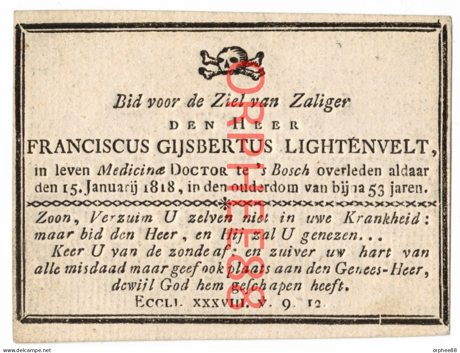 Lightenvelt Franciscus Geneesheer Den Bosch  1765-1818 Gravure Anversoise - Overlijden