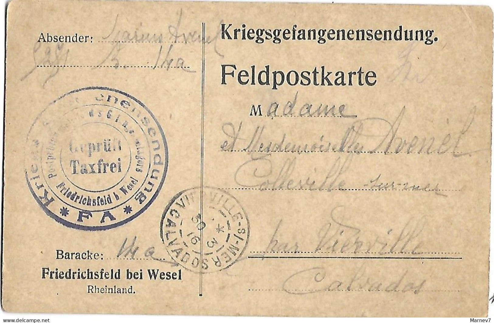 Carte Postale Kriegsgefangenensendung Expédiée Du Camp De FRIEDRICHSFELD Bei WESEL 1916 Franchise COLLEVILLE - Guerre De 1914-18