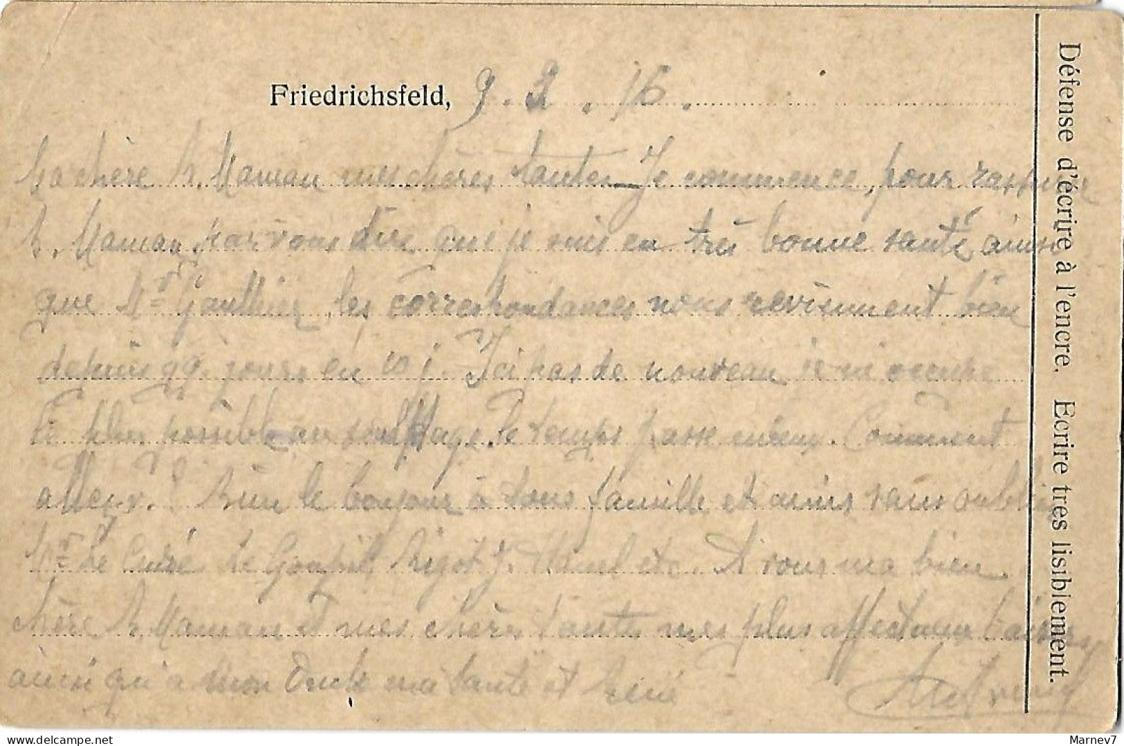 Carte Postale Kriegsgefangenensendung Expédiée Du Camp De FRIEDRICHSFELD Bei WESEL 1916 Franchise COLLEVILLE - Guerre De 1914-18