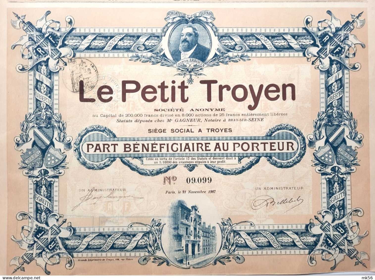 Le Petit Troyen - 1907 - Part Bénéficiaire  Au Porteur  (déco !!) - Autres & Non Classés