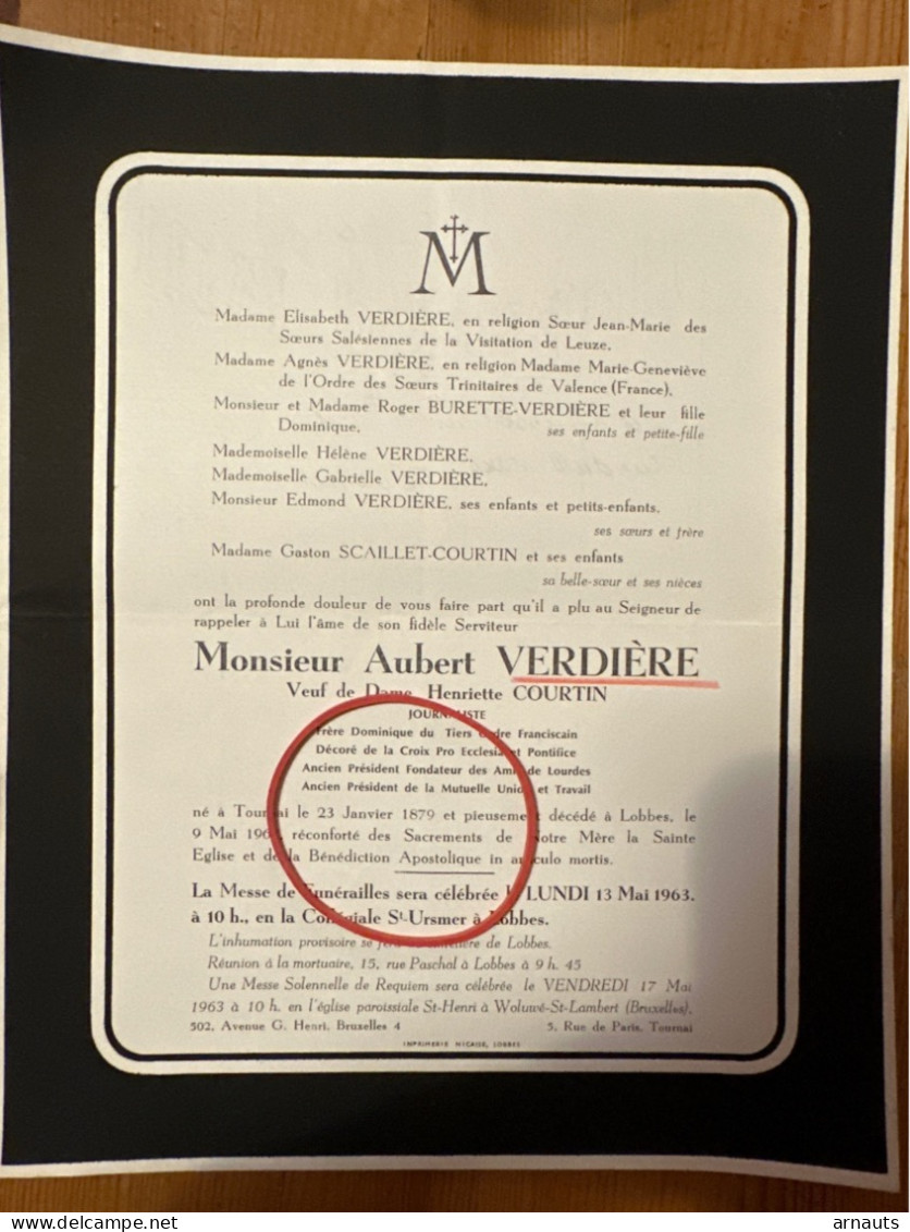 Mr Aubert Verdiere Veuf Courtin Henriëtte Journaliste *1879 Tournai +1963 Lobbes Woluwe St Lambert Leuze Burette - Todesanzeige