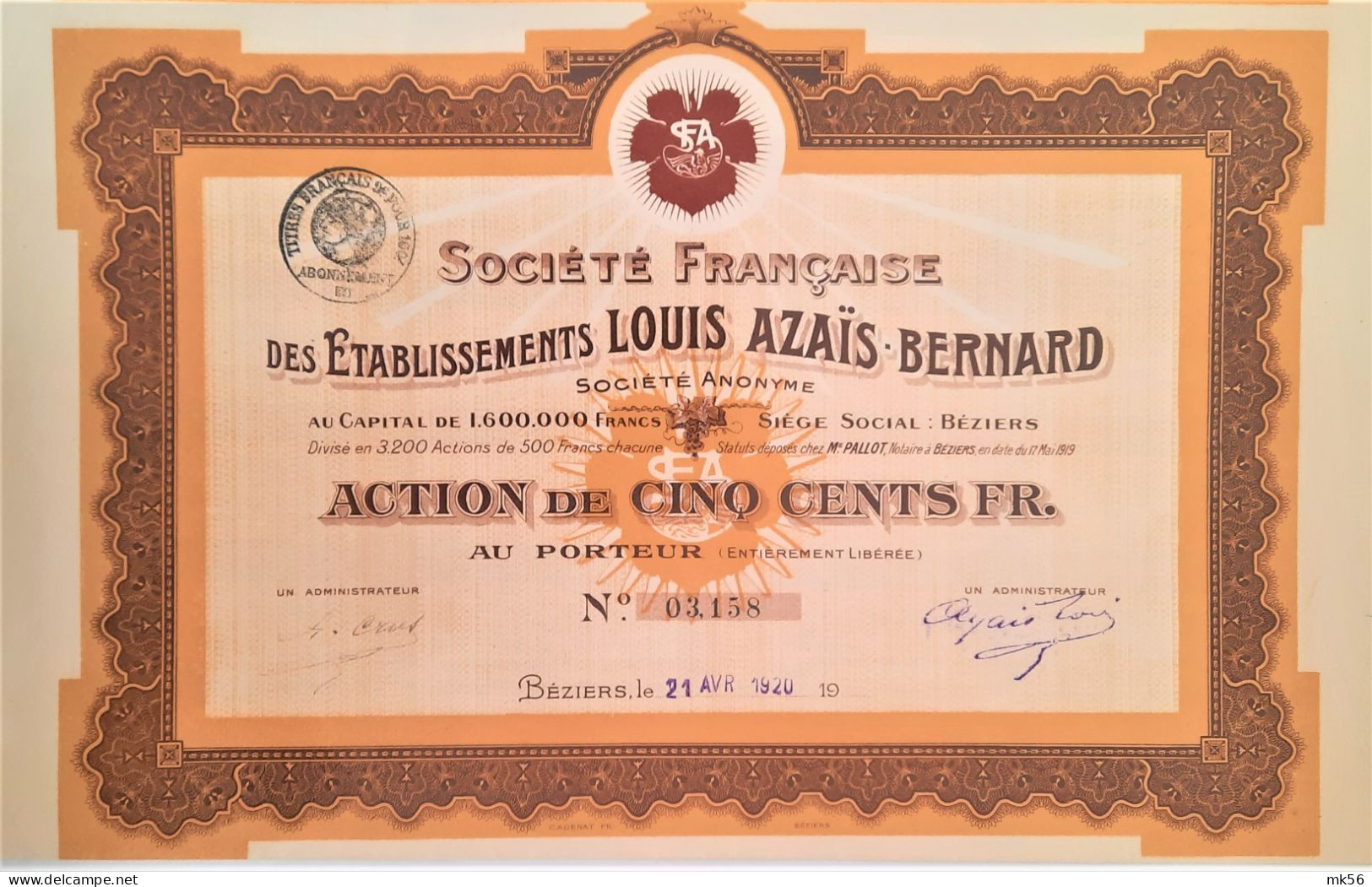 Société Française Des établissements Louis Azais-Bernard (1920) - Andere & Zonder Classificatie